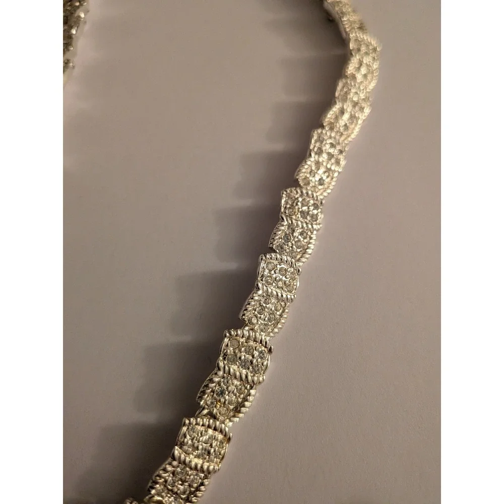 Vintage Silver Tone Rhinestone Textured Link Choker Necklace 15 Inch Adjustable